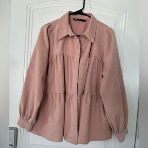 Zara Blush Pink Corduroy Tiered Long Sleeve Button-Up Blouse. Size L